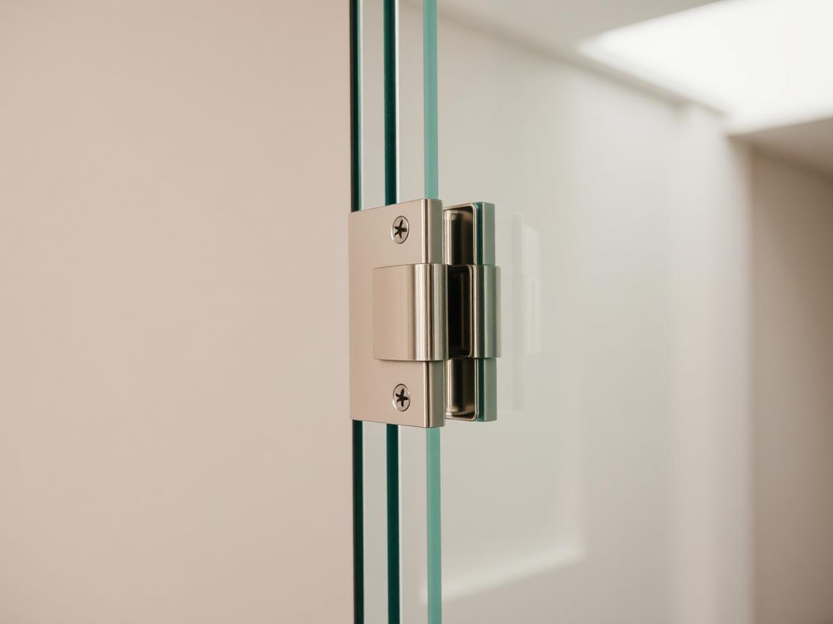 Dobradiça de inox fixada em porta de vidro temperado