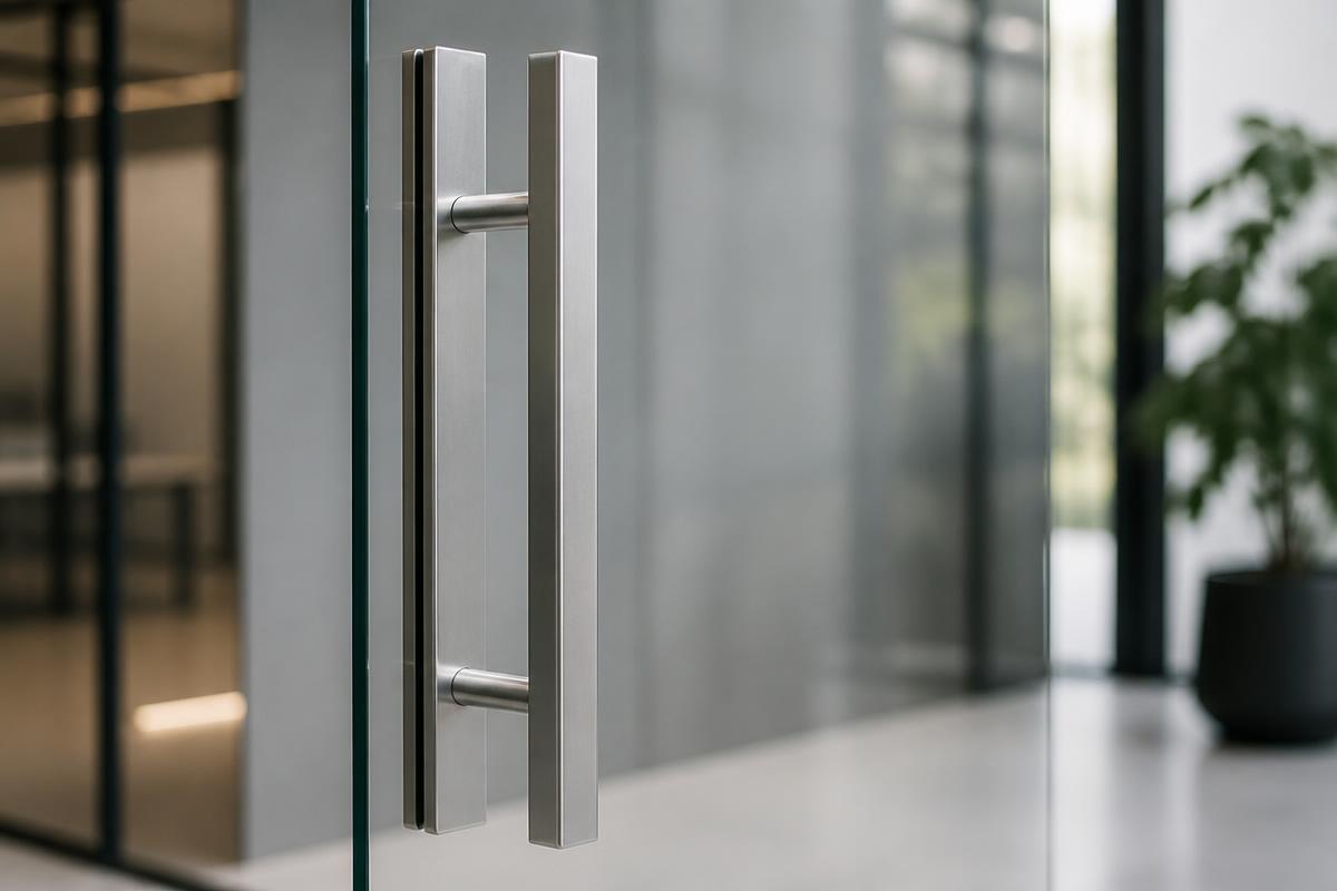 Puxador de aço inox escovado em porta de vidro